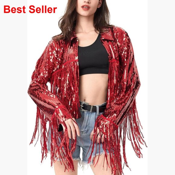Other - Sequin Tassel Fringe Jacket, Polyester Casual Open Front Coat